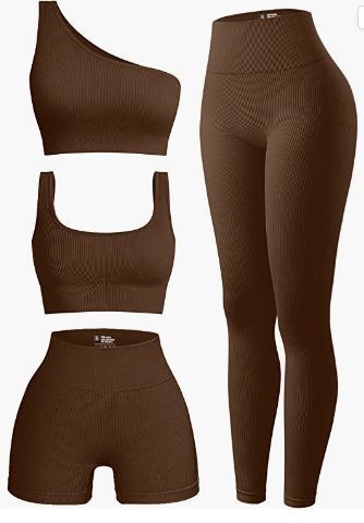 Women's 4 Piece Outfits Ribbed Exercise Scoop Neck Sports Bra One Shoulder Tops High Waist Shorts Leggings Active Set Women Gym Outfits, Gym Body Girl, Womens Active Wear Outfits, Pilates Clothes, Fitness Wear Outfits, Cute Gym Outfits, Gym Clothes Women, High Waist Shorts, Shoulder Tops