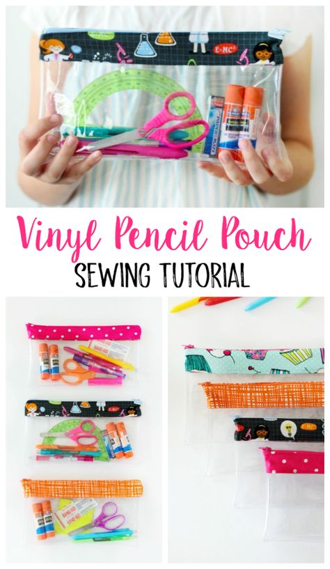 A simple vinyl pencil pouch tutorial with step-by-step photos for making a pencil pouch for school! This 10" x 6" pouch is large enough to hold anything you might need including pencils, pens, glue sticks, or scissors! Pencil Pouch Tutorial, School Supplies Shopping List, Pouch For School, School Pouch, Pouch Sewing, Vinyl Bag, Pouch Tutorial, School Glue, Summer Handbags