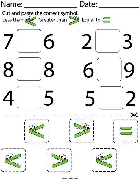 Cut and paste the correct symbol Math Worksheet - Twisty Noodle Math For Kids Worksheets, Math For Kindergarten, Math Worksheets For Kindergarten, Worksheet Math, Kindergarten Math Worksheets Free, Less Than, Math Symbols, Greater Than Less Than, Math Addition Worksheets