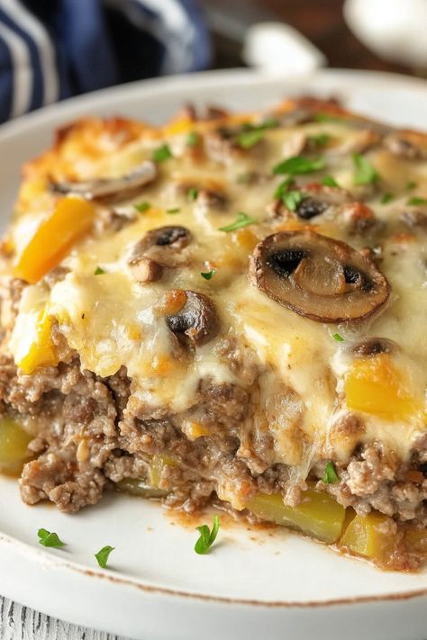 Philly Cheesesteak Casserole Philly Cheesesteak Cobbler, Cheesesteak Casserole Ground Beef, Ground Beef With Peppers, Philly Cheese Steak Seasoning, Ground Beef Mushroom Recipe, Cheese Steak Casserole, Philly Cheese Steak Casserole Recipe, Philly Cheesesteak Casserole, Cheesesteak Casserole