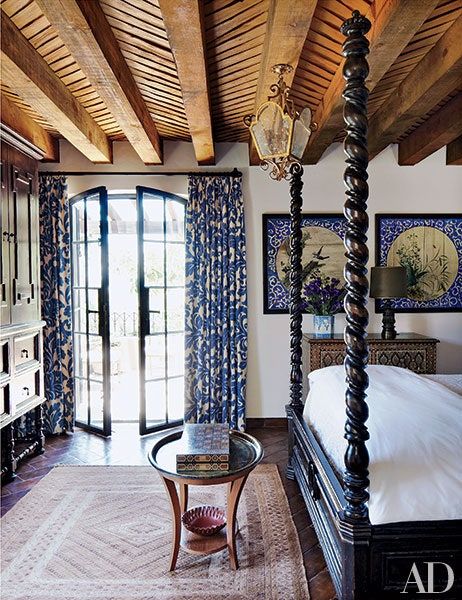 Wood Beam Ceiling Ideas With a Touch of Rustic Charm | Architectural Digest Style Hacienda, Exotic Bedrooms, Mexican Bedroom, Rustic Ceiling, Mexican Home, Wood Beam Ceiling, Casas Coloniales, Hacienda Style, Spanish Style Homes