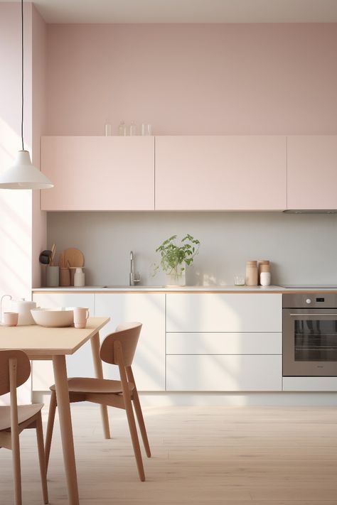 This elegant nordic kitchen is the best for anyone looking for a clean and calming environment for their apartment interior. The pastel pink cabinets with j handles match the upper part of the wall, and the white drawers with wooden details create a beautiful contrast. The light wooden floor and small wooden dining table with designer wooden chairs give a natural feel. The cute white hanging ceiling lamp over the table is a minimalistic detail. The integrated steel oven gives nice contrast. White Kitchen Coloured Walls, Light Pink Kitchen Cabinets, Open Kitchen With Dining Table, Small Wooden Dining Table, Open Kitchen With Dining, Flat Front Kitchen Cabinets, Kitchen With Dining Table, Pink Kitchen Walls, Pink Kitchen Cabinets