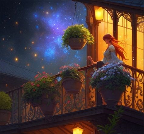 A girl standing in the balcony with plant pots hanging, and a galaxy in the sky by Sadia Hakim Hair Illustration, Girl Standing, The Balcony, Plant Pots, Wisteria, Potted Plants, The Sky, A Girl, Balcony