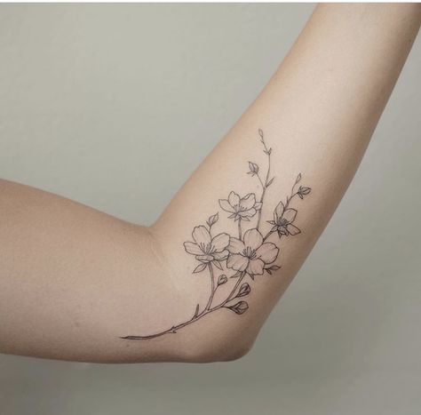 Fine Line Arm Sleeve Tattoos For Women, Almond Flower Tattoo, Cherry Blossom Tattoo Minimalist Black, Shoulder Tattoo Cherry Blossom, Fine Line Blossom Tattoo, Blossom Flower Tattoo, Cherry Blossom Fine Line Tattoo, Cherry Blossom Minimalist Tattoo, Minimalist Tattoo Cherry Blossom