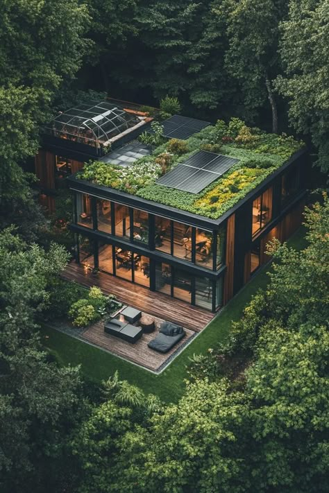 23 Stunning Eco Houses Offering Off-Grid Living Barndominium With Solar Panels, Modern House With Greenhouse, Off Grid Garden Ideas, Modern Forest House Floor Plans, Modern House With Greenery, Japanese Inspired House Exterior, Modern Greenhouse Attached To House, Roof Garden Ideas Modern, Modern Hobbit House