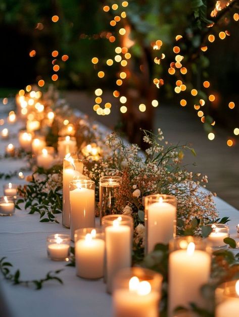 Candles And Lights Wedding, Tall Candles Wedding Table, Wedding Tablescape With Candles, Wedding Candle Decorations, Candle Lit Reception Tables, Candle Only Centerpieces Wedding, Candle Lit Wedding Reception Romantic, Candle Tablescapes Wedding, Simple Wedding Table Settings