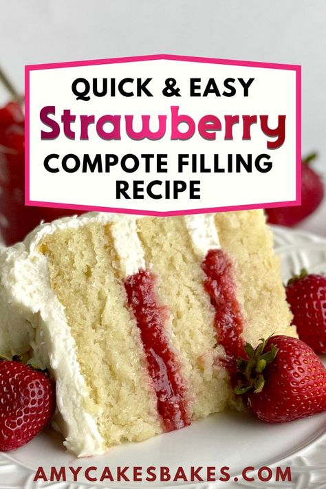 This easy Strawberry Compote bakery recipe has a deliciously fresh and natural strawberry flavor. It cooks in only 10 minutes and can be used as a cake filling or cupcake filling. This is one of the easiest cake fillings you can make from scratch, requiring only 4 ingredients and 10 minutes of cooking time. Frozen strawberries make it easier to come up with this cake filling recipe any time of the year. Red Velvet Cake With Strawberry Filling, Strawberry Curd Recipe Cake Fillings, Strawberry Cake Filling Frozen, Southern Strawberry Cake, Homemade Strawberry Filling For Cake, Strawberry Filling Cake Recipe, Easy Strawberry Cake Filling, Chocolate Cake Strawberry Filling, Strawberry Cream Cake Filling