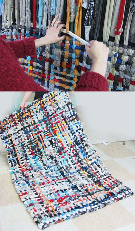 DIY Rugs - Pot Holder Area Rugs - Ideas for An Easy Handmade Rug for Living Room, Bedroom, Kitchen Mat and Cheap Area Rugs You Can Make - Stencil Art Tutorial, Painting Tips, Fabric, Yarn, Old Denim Jeans, Rope, Tshirt, Pom Pom, Fur, Crochet, Woven and Outdoor Projects - Large and Small Carpet #diyrugs #diyhomedecor Braided Tshirt Rug Diy, Fabric Scrap Rug Diy, Rug Braiding Tutorials, Braided Denim Rug How To Make, Weave Area Rug, Rug Looms How To Make, Woven Rag Rug Diy, Hand Woven Rugs Diy, Fabric Rugs Diy Tutorials