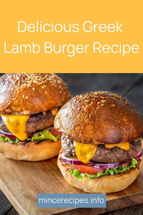 Delicious Greek lamb burgers with lettuce, tomato, red onion, and melted cheese on a wooden board. Lamb Burgers Recipe, Lamb Burger Recipe, Lamb Mince Recipes, Recipes Burgers, Lamb Burger Recipes, Ground Lamb Recipes, Lamb Burger, Greek Lamb, Lamb Burgers