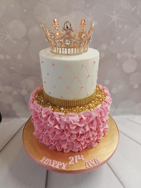 Stunning 21st 2 tier birthday cake, ruffled bottom tier quilted top tier and amazing crown jewels on top 21st Birthday Cake Crown, 2 Tear Cakes Ideas Easy, 3 Tier 21st Birthday Cake, 2tier Birthday Cake For Women, Sweet 16 Cakes 2 Tier, 2 Tier Princess Birthday Cake, Tiered Birthday Cakes For Women, Pink 2 Tier Birthday Cake, Cake Crown Design