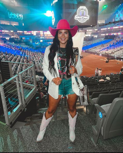 Dallas Rodeo Outfit, Carly Pearce Concert Outfit, Cowgirl Boots And Shorts Outfit, Bling Boots Outfit, Rhinestone Cowboy Outfit, Pbr Outfit For Women Rodeo, Classy Cowgirl Outfits Country Chic, Women’s Summer Western Outfits, Texas Rodeo Outfit