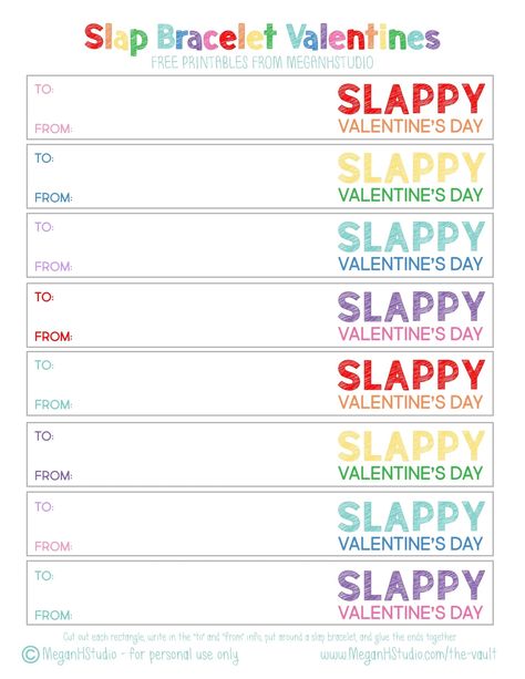 fun slap bracelet valentine's day cards for kids, slappy valentines day, valentines for kids, valentines day ideas, classroom valentines day ideas #printablevalentines #valentinesdayprintables #slappyvalentinesday #slapbracelet #meganhstudio #freeprintable Slap Bracelet Valentine Free Printables, Slap Bracelet Valentine, Diy Valentines Day Ideas, Diy Valentines Day Cards, Classroom Valentines Gifts, Superhero Valentines, Rainbow Valentines, Valentines Day Card Ideas, Cricut Valentines