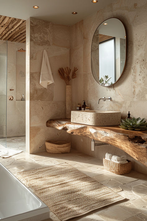 organic modern bathroom, earthy bathroom, beige bathroom, bathroom decor Earthy Bathroom Design Ideas, Special Bathroom Design, European Bathroom Aesthetic, Interesting Bathroom Design, Joshua Tree Bathroom, Stone Spa Bathroom, French Organic Modern Decor, Organic House Decor, Natural Materials Bathroom