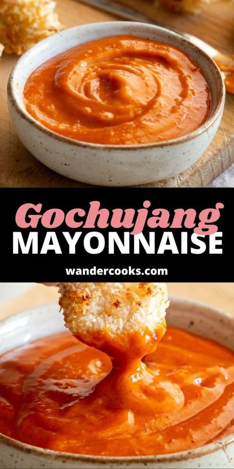 A tasty spicy dipping sauce you can whip up in 2 minutes flat. Just 4 ingredients and you'll be ready to dip just about anything in this quick gochujang mayonnaise! Gochujang Dipping Sauce, Che Recipe, Gochujang Recipe, Asian Dipping Sauce, Easy Korean Recipes, Spicy Dipping Sauce, Homemade Condiments, Asian Sauce, Easy Asian Recipes