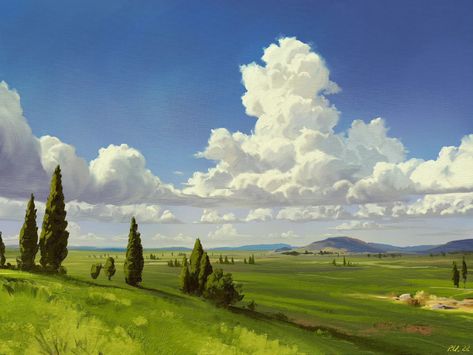 Landscape Concept, Background Drawing, Sky Painting, Fantasy Places, Cloudy Sky, Skyfall, Landscape Drawings, Fantasy Art Landscapes, Jive