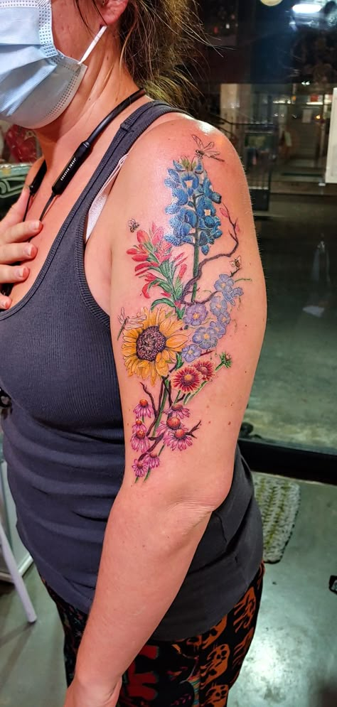 Wild Flower Watercolor Tattoo, Texas Flower Tattoo Wildflowers, Turquoise Flower Tattoo, Western Wildflower Tattoo, Bluebonnet Indian Paintbrush Tattoo, Wyoming Wildflowers Tattoo, Indian Blanket Tattoo, Oklahoma Wildflowers Tattoo, Texas Flowers Tattoo