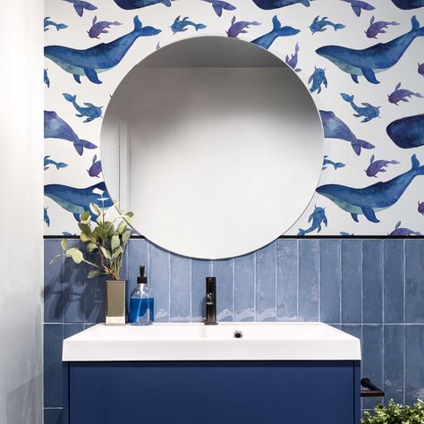 Blue Bathroom Ideas Decoration, Bathroom Tiles Blue, Blue Bathroom Remodel, Blue And White Bathroom Ideas, Small Coastal Bathroom Ideas, Bathroom Ideas Blue, White Bathroom Remodel, Bathroom Vanity Blue, Whale Bathroom