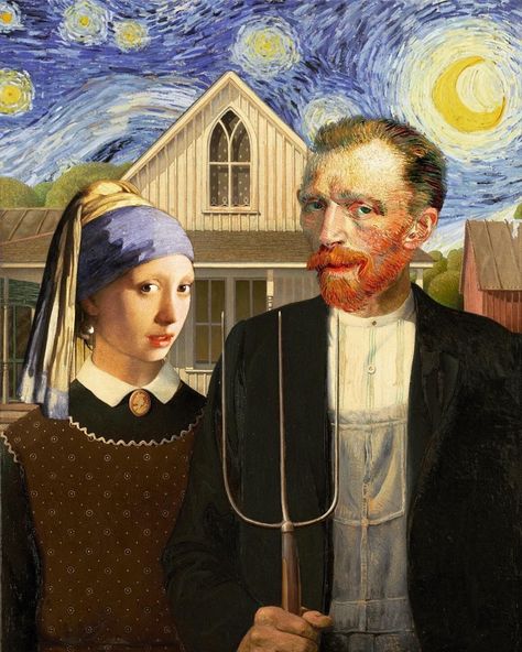 Micha Shafir. American Gothic Famous Art Work, American Gothic Parody, Cross Painting, Gothic Artwork, Grace Art, Red Studio, Work Funny, Grant Wood, Painting Series