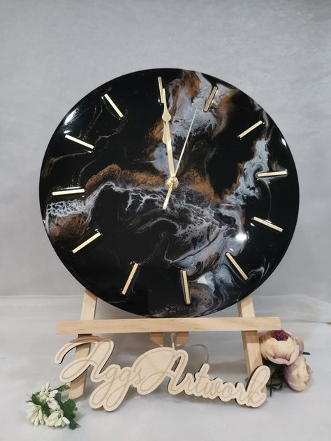 Epoxy resin wall clock with Gold, white color in Black Epoxy Resin Wall, Resin Wall Clock, Black Wall Clock, Resin Projects, Diy Resin Art, Black Wall, Wooden Art, Resin Diy, Black Watch