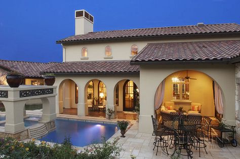 backyard Tuscan Exterior, Mediterranean Exterior Design, Mediterranean Doors, Mediterranean Exterior Homes, Spanish Courtyard, Mediterranean Exterior, Exterior House Remodel, Mediterranean Style Homes, Spanish Style Home