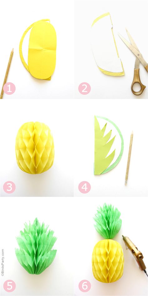 DIY Pineapple Honeycomb Party Decorations - BirdsParty.com Pineapple Decorations, Diy Pineapple, Pineapple Birthday, Kraf Kertas, Hawaiian Party Decorations, Diy Decoracion, Fiesta Tropical, Pineapple Parties, Hawaii Party