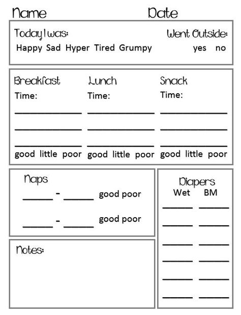 Preschool toddler daily report chart Toddler Daily Report, Preschool Daily Report, Daily Report Template, Daycare Daily Sheets, Daycare Paperwork, Infant Daily Report, Daycare Printables, Daycare Schedule, Daycare Business Plan