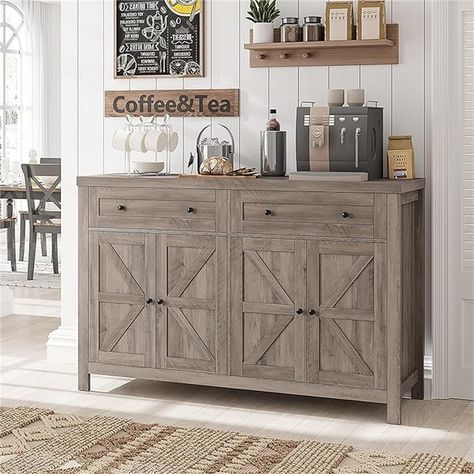 Modern Farmhouse Coffee Bar, Sideboard Cabinet Modern, Rustic Farmhouse Kitchen Cabinets, Kitchen Cabinets For Sale, Coffee Bar Cabinet, Farmhouse Buffet, Farmhouse Coffee Bar, Drawers And Shelves, Cabinet With Drawers