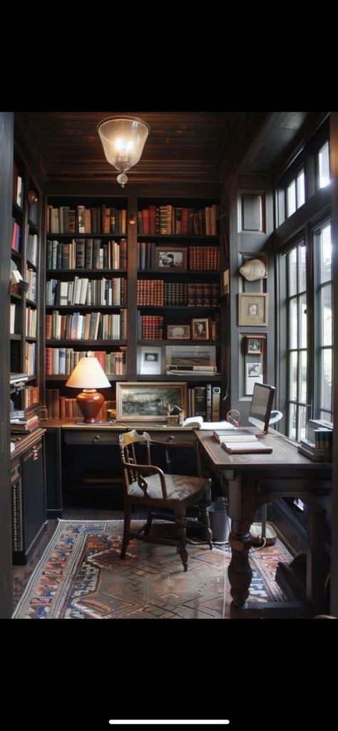 Dark Cottage Core Office, Small Home Office Dark Academia, Office And Library Combo, Dark Academia Attic, Dark Wood Library Office, Closed Porch, Home Library Dark Wood, Cottage Core Office, Aesthetic Bookshelves Dark Academia