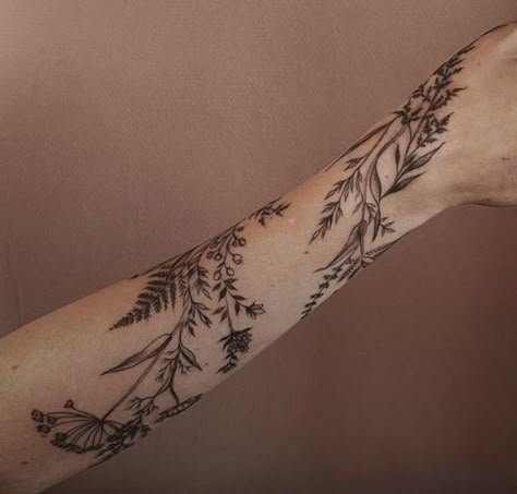 Tattoos With Dresses, Runic Tattoo Arm, Plant Tattoo Forearm, Leaf Tattoo Forearm, Vintage Floral Tattoos Forearm, Floral Arm Cuff Tattoo, Botanical Tattoo Arm, Trc Tattoo, Arm Vine Tattoos For Women