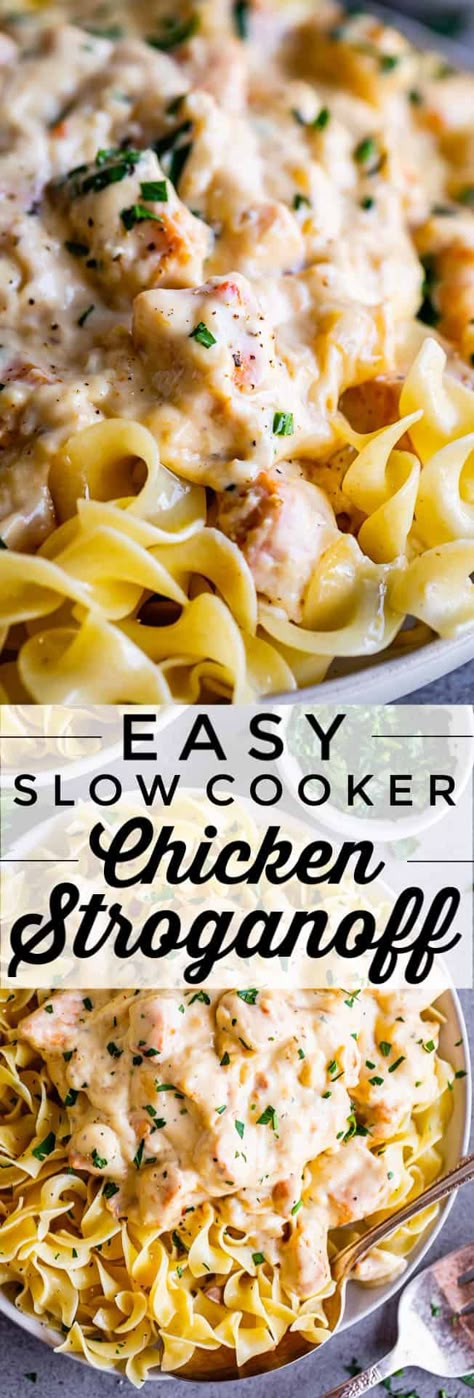 Easy Slow Cooker Chicken Stroganoff from The Food Charlatan. This Slow Cooker Chicken Stroganoff recipe is a huge crowd pleaser and SO easy to put together! Who can say no to creamy noodles and chicken? You can either use a can of cream of chicken soup or use the simple homemade sauce recipe I've included. This is one of my favorite meals to bring to new moms. #slowcooker #crockpot #easy #recipe #chicken #creamofchicken #soup #creamcheese #creamy #whitesauce #kidfood #plating #campbells #best Slow Cooker Kip, Slow Cooker Chicken Stroganoff, Chicken Stroganoff Recipe, Creamy Noodles, Campbells Soup Recipes, The Food Charlatan, Chicken Stroganoff, Easy Slow Cooker Chicken, Homemade Sauce Recipes