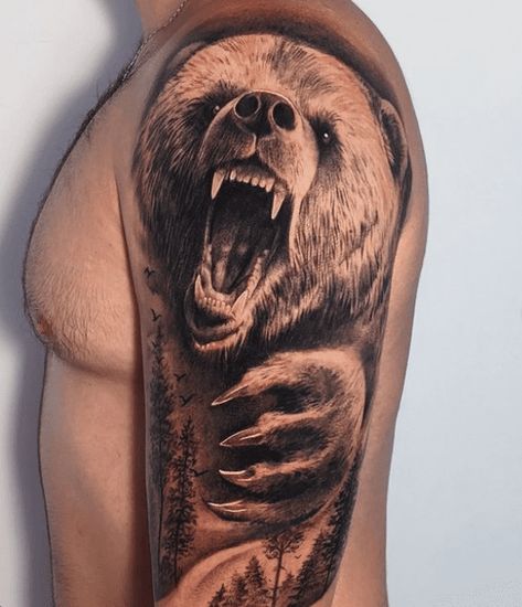 Chest Tattoo Bear, Realistic Bear Tattoo, Grizzly Bear Tattoos, Tattoo Bear, Roaring Bear, Back Tats, Native Tattoos, Last Kingdom, Skull Sleeve Tattoos