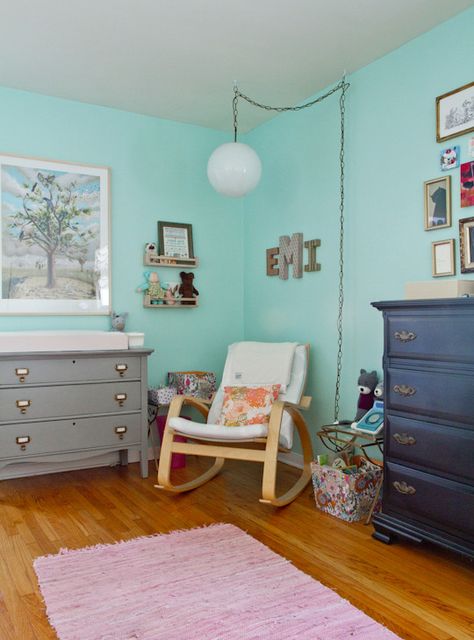 I was looking for a grey dresser for Pudge's room and was thinking of repainting one...I like the handles she's used here in her daughters room! Nursery Lamp Ideas, Poang Rocking Chair, Nursery Tour, Grey Dresser, Nursery Dresser, Adorable Nursery, Beautiful Nursery, Blue Nursery, Daughters Room