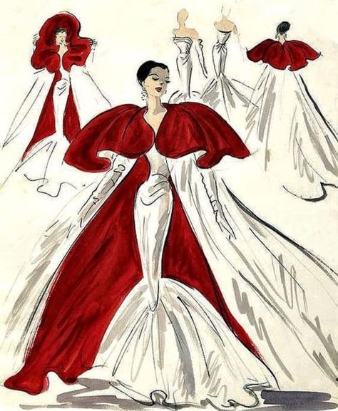 Edith Head Sketches, Edith Head Designs, Vintage Hollywood Fashion, Women In Red, Vintage Fashion Sketches, Fashion Design Inspiration, Edith Head, Woman In Red, Cruella Deville