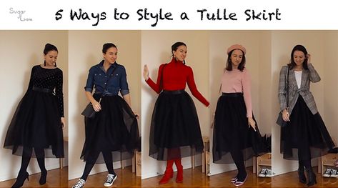 5 Ways to Style a Tulle Skirt - SUGAR LANE Black Tulle Skirt Outfit Winter, How To Style A Black Tulle Skirt, Tulle Skirt With Boots, Black Tulle Skirt Outfit Classy, Black Tulle Skirt Outfit Casual, Plus Size Tulle Skirt Outfit, Tulle Midi Skirt Outfit, Tulle Maxi Skirt Outfit, Tulle Skirt Outfit Winter