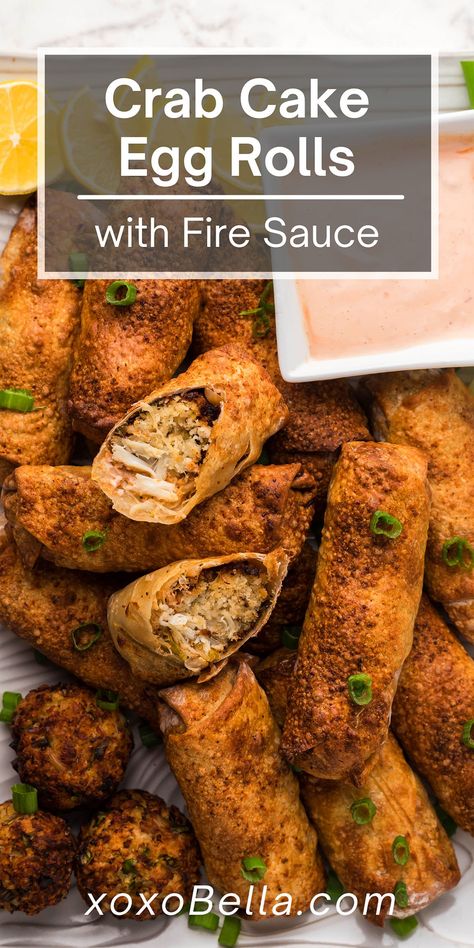 These air fryer crab cake egg rolls with fire sauce are simple to prepare and make a fantastic appetizer. The lump crab meat is generously flavoured with Old Bay, lemon, sriracha and more, and the fire sauce is perfect for dipping. Making these seafood egg rolls in the air fryer ensures a short cooking time and beautifully crispy result! These juicy, flavourful air fryer crab cake egg rolls are so good! The crunchy egg roll wrapper and delicious lump crabmeat filling are delicious. #airfryer Crab Egg Rolls Recipes, Fire Sauce Recipe, Crab Egg Rolls, Seafood Egg Rolls, Jalapeno Egg Rolls, Seafood Extravaganza, Fire Sauce, Air Fryer Crab, Egg Roll Wrapper