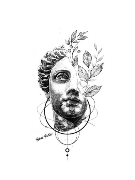 Greek Face Tattoo, Marble Statue Tattoo, Roman Statue Tattoo, Feather Pen Tattoo, Greek Statue Tattoo, Greek Drawing, Greek God Tattoo, Lower Leg Tattoos, Shin Tattoo