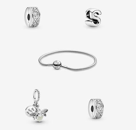 Bracelet: Pandora Moments Snake link bracelet Charms: letter S alphabet charm Clear pavé clip Firefly charm pendant Firefly Charm, Alphabet Charm, S Alphabet, Bracelet Pandora, Bracelet Charms, Pandora Bracelet, Letter S, Firefly, Charm Pendant