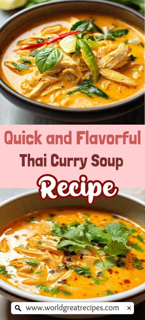 Looking for a quick meal that doesn't skimp on flavor? Try this Thai Chicken Curry Soup recipe! In under an hour, you can enjoy a delightful blend of chicken, fresh veggies, and rich coconut milk simmered with aromatic spices. This recipe is incredibly versatile, allowing you to swap in your favorite vegetables or proteins. Perfect for busy weeknights, this hearty soup will satisfy your cravings while being easy to prepare. Thai Chicken Curry Soup Coconut Milk, Coconut Milk Soup Recipes Chicken, Curry Chicken Soup Slow Cooker, Easy Thai Chicken Soup, Asian Chicken Soup Recipes, Indian Chicken Soup, Chicken Curry Soup Recipe, Thai Chicken Curry Soup, Thai Soup Recipes