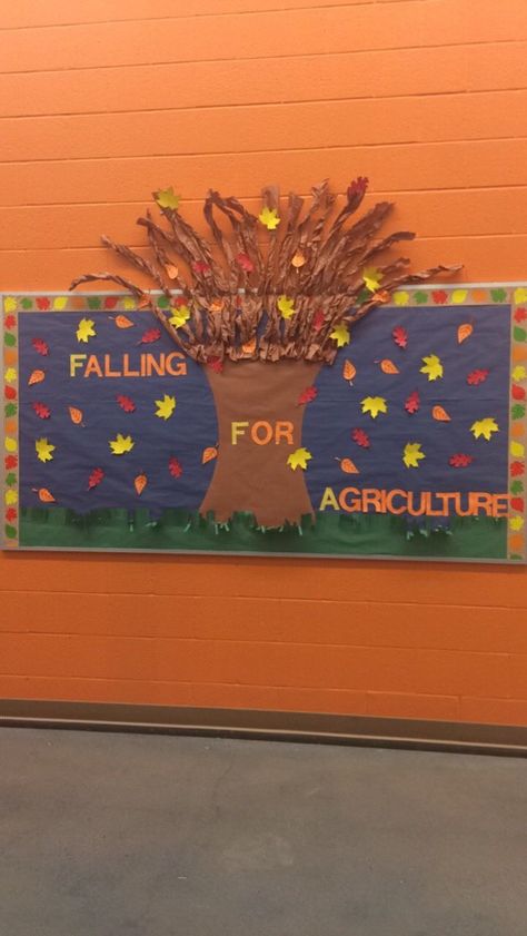 Fall bulletin board idea. Providence Grove FFA - ww.OneLessThing.net Ffa Bulliten Board, Ag Teacher Bulletin Boards, Agriculture Bulletin Board Ideas, Ffa Bulletin Boards Ideas, Ffa Bulletin Boards, Ag Teacher Classroom Ideas, Agriculture Classroom Decorations, Ffa Decorations, Ffa Gifts