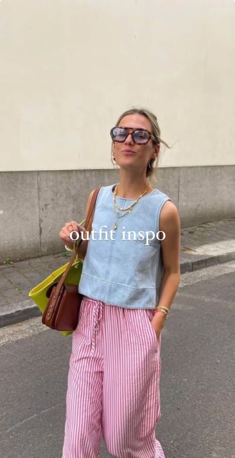 Cotton Summer Outfits, Pink Gingham Pants Outfit, Swedish Summer Style, Pink Striped Pants Outfit, Pink Pants Aesthetic, Gingham Pants Outfit, Cottage Outfit, East Coast Summer Outfits, Bright Summer Outfits