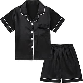 DIPUG Girls Pajamas Satin Pajama Set Silk Pjs Short Sleeve Sleepwear Black Short Sleepwear For Pajama Party, Black Short Sleepwear For Sleepover, Black Silk Pjs, Black Short Sleeve Sleepwear For Sleepover, Girls Silk Pajamas, Black Silk Pajamas, Silk Pjs, Satin Pyjama Set, Satin Pajamas