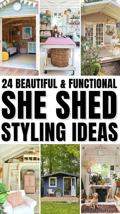 Whether you are looking for a quiet retreat to unwind after a long day or a creative space to work on your favorite hobbies, a she shed can be the perfect solution. With the right she shed styling ideas, you can transform your garden shed into a stunning oasis that is both functional and beautiful. - Lady Decluttered | She Shed Decorating Ideas She Shed House Tiny Homes, Small Shed Conversion, Small She Shed Interiors Decor, She Shack Ideas, Storage Shed To She Shed, She Shed For Crafting, She Shed Inspiration, Pool Shed Interior Ideas, Shed Decorating Ideas Inside