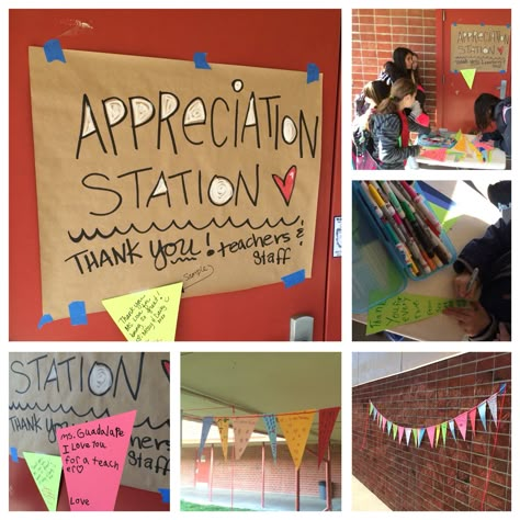 PTO Teacher appreciation station where students write a thank u note on a piece of a pennant banner that later decorates the office and halls Appreciation Station, Teacher Appreciation Week Ideas, Staff Appreciation Ideas, Appreciation Week Ideas, Teacher Morale, Sunshine Committee, Teachers Week, Staff Appreciation Week, Morale Boosters