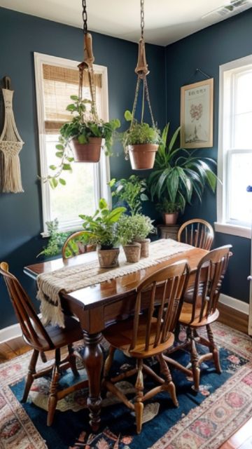 Loving the mix of greenery and vintage vibes in this small dining room!  I think it makes the space feel so inviting. What about you? Tell me in the comments! #greenery #vintage #diningroom #decor Vintage Eclectic Dining Room, Small Dining Room Table Ideas, Witchy Dining Room, Cottage Core Dining Room, Vintage Dining Room Decor, Cottagecore Dining Room, Room Ideas Bohemian, Moody House, Distressed Wood Table