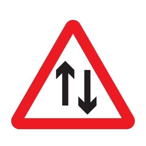 Two-way traffic’ sign  Sometimes you’ll see a red triangular sign with two black arrows pointing in opposite directions. These are used to make you aware that you’re about to leave a separated one-way street and enter a two-way road. If the arrows are positioned vertically, it means two-way traffic straight ahead. You should keep to the left-hand side of the road and be aware of oncoming traffic. If they’re horizontal, it indicates that you’ll have to turn either left or right to join Road Safety Signs, Traffic Mirrors, Directory Signs, Pvc Banner, Traffic Signs, Swot Analysis, Road Safety, Road Signs, Pvc Vinyl