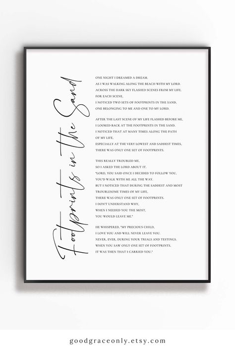 Foot Prints In The Sand Poem Prayer, Footprints In The Sand Poem, Prayer Poster, Poster Christian, Godly Living, Footprints In The Sand, Cursive Words, 2023 Art, Christian Home Decor