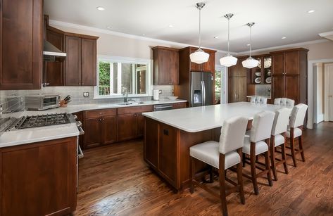 Fridge Surround, Cherry Wood Kitchens, Tile Countertops Kitchen, House Redesign, Cherry Kitchen, Quartz Kitchen Countertops, Storage Idea, Dinning Room Design, Creative Kitchen