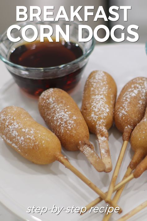 Corn Dog Recipe With Pancake Batter, Deep Fried Breakfast Ideas, Breakfast Corn Dogs, Pancake Corndogs, Waffle Corn Dogs, Corndogs Homemade, Breakfast Corndogs, Breakfast Hot Dog, Cool Breakfast