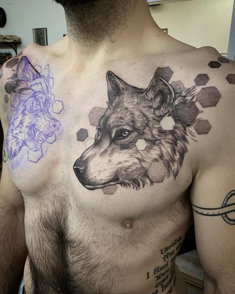 Amy Jiao’s Instagram profile post: “Started this chest piece yesterday. Can’t wait to do the other side. Thanks Jeff! . . . . . . . . . . . #tattoo #wolftattoo #chesttattoo…” Wolf Tattoo Side Profile, Tattoo Side, Side Tattoos, Chest Piece, Wolf Tattoo, Side Profile, Chest Tattoo, The Other Side, Siding