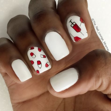 Nurse nail art design Pharmacy Nails Design, Doctor Nails Design, Phlebotomy Nails, Phlebotomist Nails, Nursing Nails Designs, Short Nails For Nurses, Nurse Nail Designs, Medical Nails, Healthcare Nails